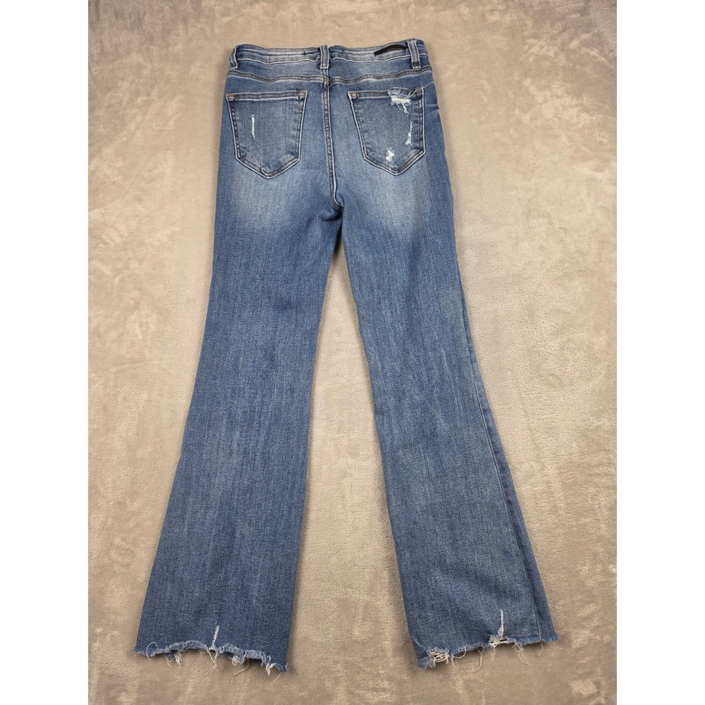 Risen Flare Jeans Womens 28/7 Blue High Rise Raw Hem Stretch Boho Bell RDP1292 - Picture 11 of 12